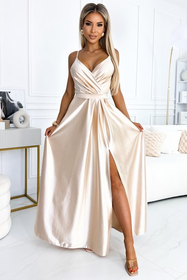  512-3 JULIET elegant long satin dress with a neckline and leg slit - Beige 