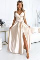 512-3 JULIET elegant long satin dress with a neckline and leg slit - Beige 