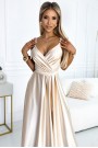  512-3 JULIET elegant long satin dress with a neckline and leg slit - Beige 