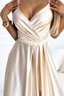 512-3 JULIET elegant long satin dress with a neckline and leg slit - Beige 