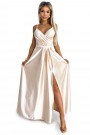  512-3 JULIET elegant long satin dress with a neckline and leg slit - Beige 