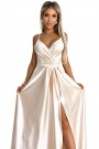  512-3 JULIET elegant long satin dress with a neckline and leg slit - Beige 