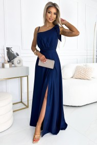  528-1 Long shiny one-shoulder dress with a bow - navy blue 