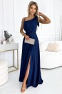  528-1 Long shiny one-shoulder dress with a bow - navy blue 