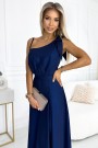  528-1 Long shiny one-shoulder dress with a bow - navy blue 