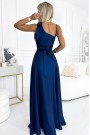  528-1 Long shiny one-shoulder dress with a bow - navy blue 