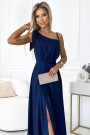  528-1 Long shiny one-shoulder dress with a bow - navy blue 