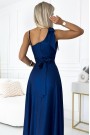  528-1 Long shiny one-shoulder dress with a bow - navy blue 