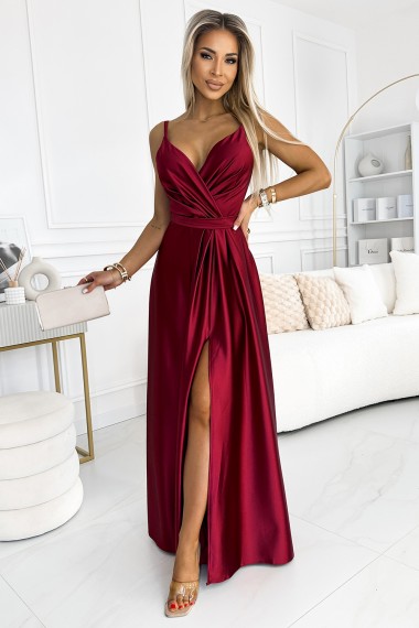  512-6 JULIET elegant long satin dress with a neckline and leg slit - Burgundy color 