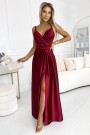  512-6 JULIET elegant long satin dress with a neckline and leg slit - Burgundy color 