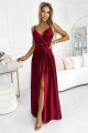  512-6 JULIET elegant long satin dress with a neckline and leg slit - Burgundy color 
