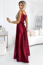  512-6 JULIET elegant long satin dress with a neckline and leg slit - Burgundy color 