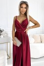 512-6 JULIET elegant long satin dress with a neckline and leg slit - Burgundy color 
