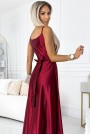  512-6 JULIET elegant long satin dress with a neckline and leg slit - Burgundy color 