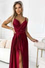  512-6 JULIET elegant long satin dress with a neckline and leg slit - Burgundy color 
