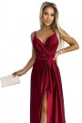  512-6 JULIET elegant long satin dress with a neckline and leg slit - Burgundy color 