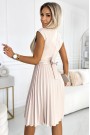  311-14 LILA Pleated dress with short sleeves and a belt - beige 