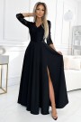  309-11 AMBER lace, elegant long dress with a neckline and leg slit - black 