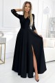  309-11 AMBER lace, elegant long dress with a neckline and leg slit - black 