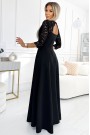  309-11 AMBER lace, elegant long dress with a neckline and leg slit - black 