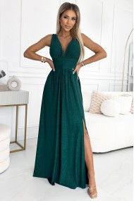  490-3 SUSAN Long brocade dress with a neckline and stitching at the waist - green 