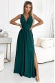  490-3 SUSAN Long brocade dress with a neckline and stitching at the waist - green 