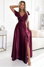  411-10 CRYSTAL satin long dress with a neckline - Burgundy color 