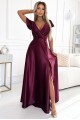 411-10 CRYSTAL satin long dress with a neckline - Burgundy color 