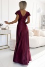  411-10 CRYSTAL satin long dress with a neckline - Burgundy color 