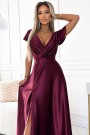  411-10 CRYSTAL satin long dress with a neckline - Burgundy color 