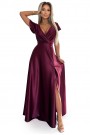  411-10 CRYSTAL satin long dress with a neckline - Burgundy color 