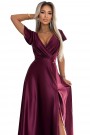  411-10 CRYSTAL satin long dress with a neckline - Burgundy color 