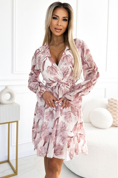  514-1 Chiffon dress with a neckline, ruffles and a belt - beige flowers 