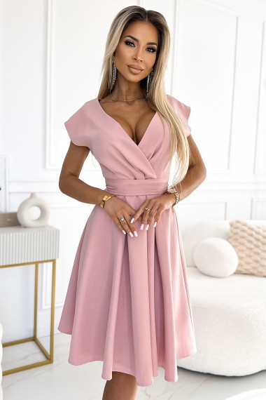  348-9 SCARLETT flared dress with a neckline - powder pink 