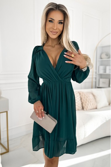  538-2 MILA Chiffon midi dress with long sleeves and neckline - green 