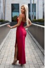  483-5 DIANE satin long dress with a leg slit - raspberry color 