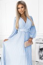  414-10 KLARA pleated dress with a belt and a neckline - light blue color 