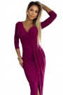  404-9 Shiny dress with a neckline and a slit on the leg - fuchsia with glitter 