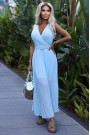  546-2 Pleated dress with a wide belt and neckline - light blue 