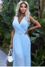  546-2 Pleated dress with a wide belt and neckline - light blue 