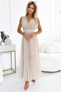  546-1 Pleated dress with a wide belt and neckline - Beige 