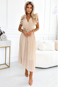  549-1 MIRABELLA Pleated chiffon midi dress with a neckline and delicate ruffles - beige 