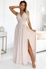  362-8 JUSTINE Long dress with a neckline and a tie at the back - beige with glitter 