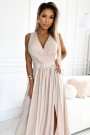  362-8 JUSTINE Long dress with a neckline and a tie at the back - beige with glitter 