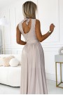  362-8 JUSTINE Long dress with a neckline and a tie at the back - beige with glitter 