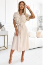  550-1 Midi shirtdress with gold buttons, ties and short sleeves - beige 