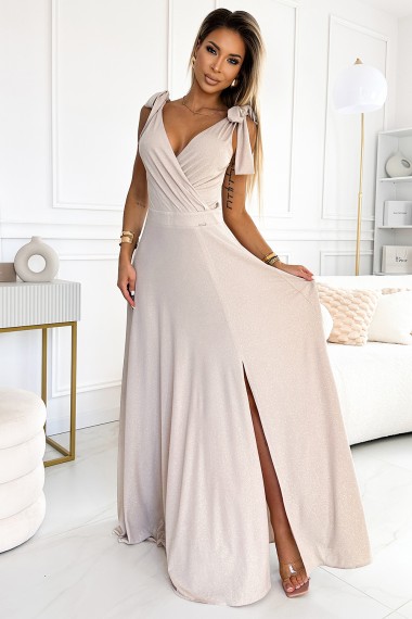  405-6 ELENA Long dress with a neckline and ties on the shoulders - beige with glitter 