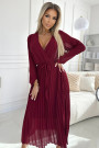  537-1 Pleated chiffon dress with scoop neckline, long sleeves and tied belt - burgundy 