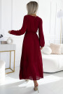  537-1 Pleated chiffon dress with scoop neckline, long sleeves and tied belt - burgundy 