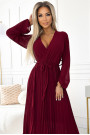 537-1 Pleated chiffon dress with scoop neckline, long sleeves and tied belt - burgundy 